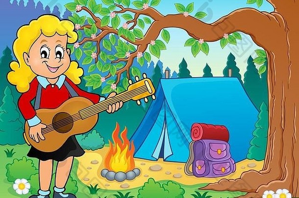 女孩吉他球员营地主题图片插图