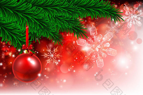 红色的圣诞节树小玩意装饰点缀挂树雪花背景