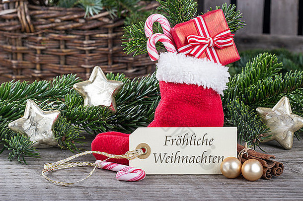 德国圣诞节卡红色的袜子礼物糖果拐杖文本快乐圣诞节