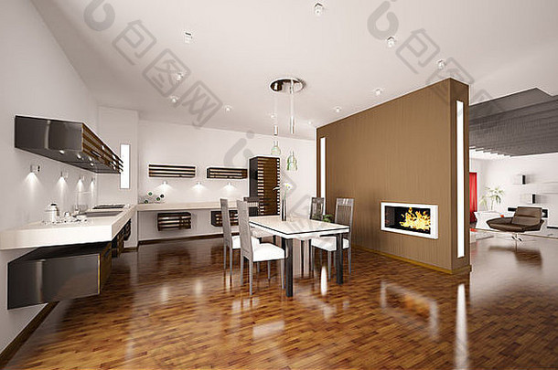 室内现代棕色（的）厨房壁炉渲染