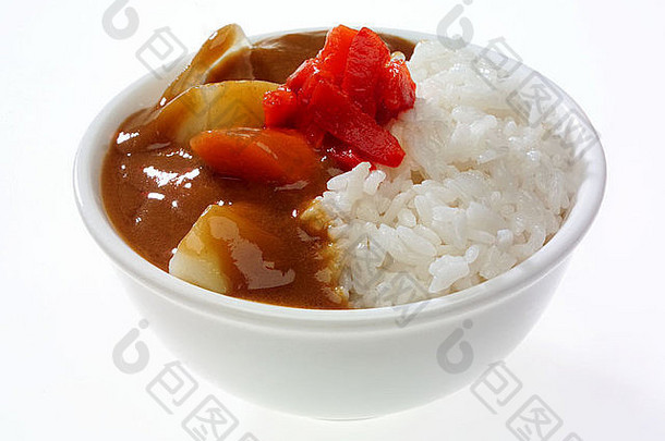 日本法律蔬菜咖喱服务大米新装的红色的泡菜