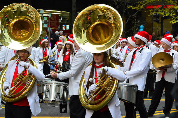 芝加哥伊利诺斯州美国11月朗兹高学校游行乐队感恩节游行