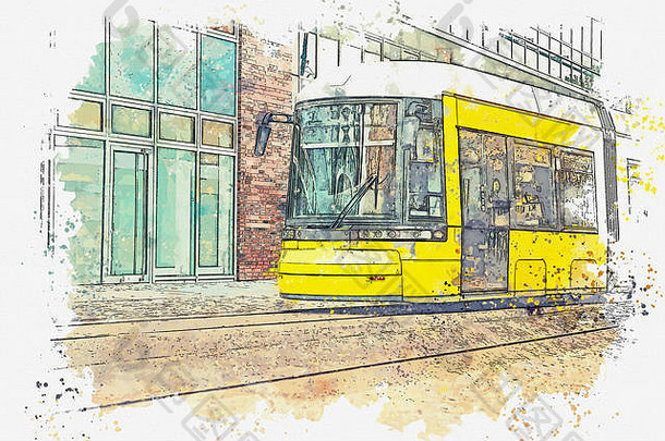 草图水彩插图传统的有轨电车移动街柏林德国