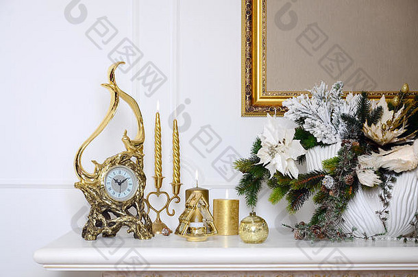 一年圣诞节作文装饰金时钟厚蜡烛烛台能花框架帆布挂起墙