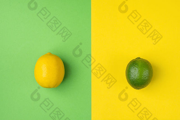 成熟的有机柠檬石灰分裂双色版绿色黄色的背景风格有创意的图像柑橘类水果维生素夏天素食主义者时尚概念食物