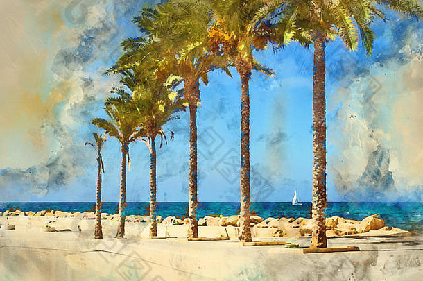阳光明媚的地中海海滩散步棕榈树船海岸这些水手Torrevieja瓦伦西亚西班牙数字水彩绘画