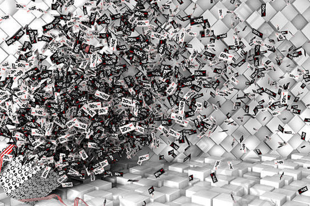 成千上万的人优惠券百分比折扣白色黑色的红色的regtangular形状未来礼物盒子网纹地板上一点点