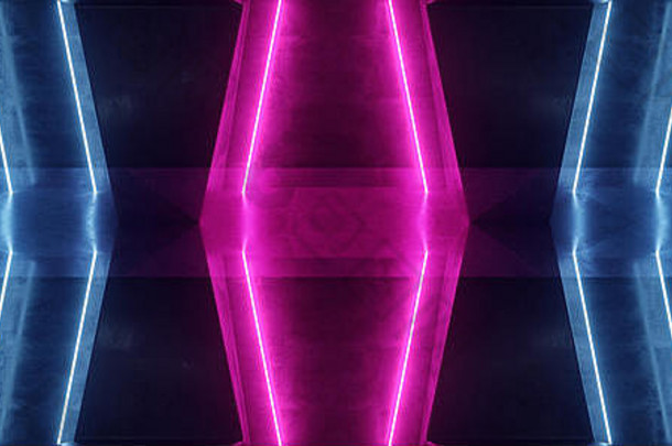 虚拟网络激光发光的霓虹灯复古的紫色的蓝色的sci未来主义的外星人宇宙飞船混凝土水泥隧道走廊车库大厅阶段显示晚上黑暗