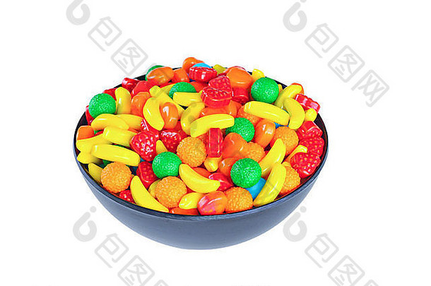 色彩斑斓的糖果黑色的碗孤立的白色背景