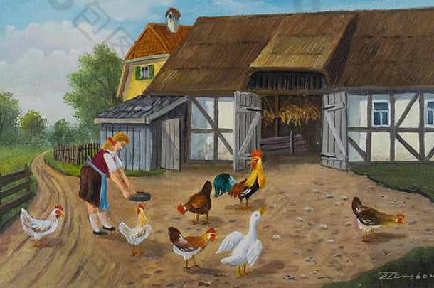 石油绘画女人提要碗自由放养的鸡农场