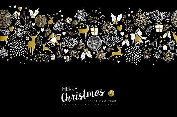 快乐圣诞节快乐一年奢侈品黄金无缝的模式黑色的背景鹿自然假期元素
