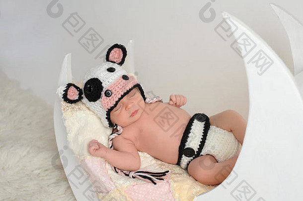 工作室肖像一天新生儿婴儿女孩穿牛服装睡觉月亮形状的摆姿势道具