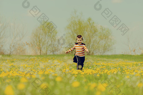 橙色英雄运行草地享受自由照片复古的