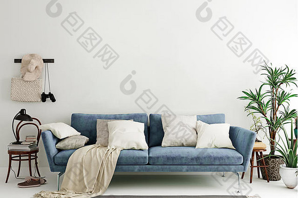 模拟墙钢蓝色的现代室内背景生活房间斯堪的那维亚风格渲染插图
