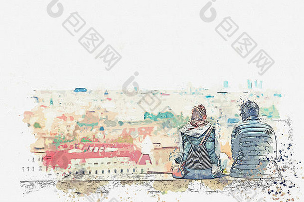 水彩草图插图年轻的夫妇爱朋友坐着欣赏美丽的体系结构布拉格