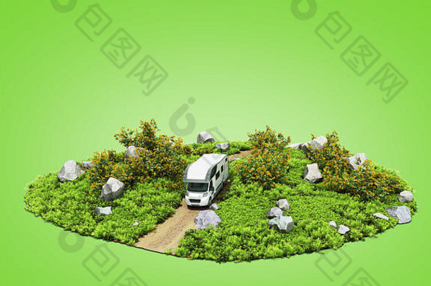 现代概念家庭旅行房子轮子游乐设施路补丁自然渲染绿色