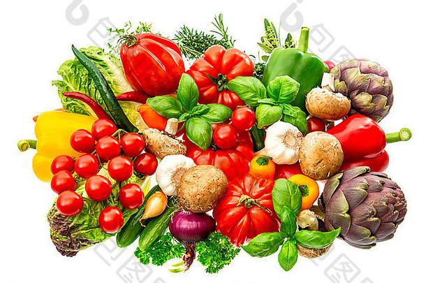 蔬菜草本植物孤立的白色背景生食物成分番茄红辣椒洋蓟蘑菇黄瓜绿色