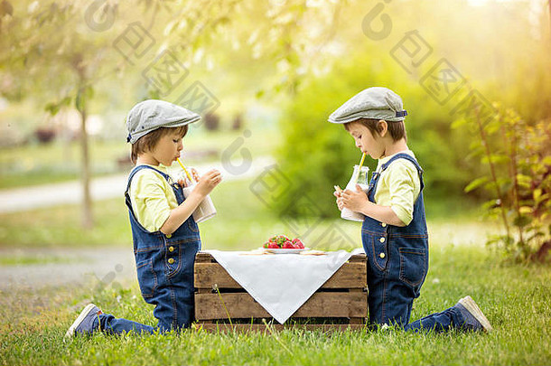 美丽的孩子们男孩兄弟吃草莓饼干喝奶昔公园晚些时候阳光明媚的春天船尾