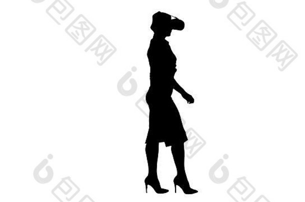 轮廓年轻的女人穿虚拟现实设备走
