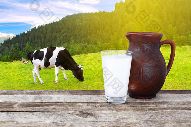 牛奶玻璃粘土壶木表格放牧牛草地阳光背景缸玻璃牛奶木表格