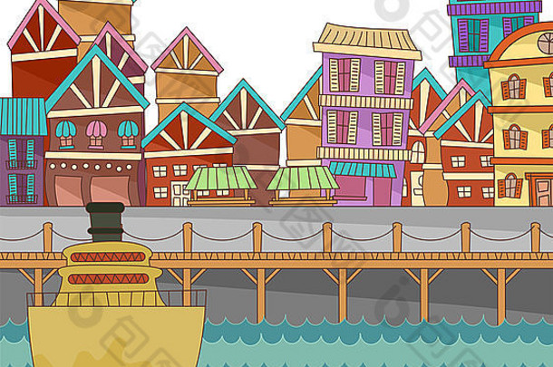 插图港口色彩斑斓的建筑背景