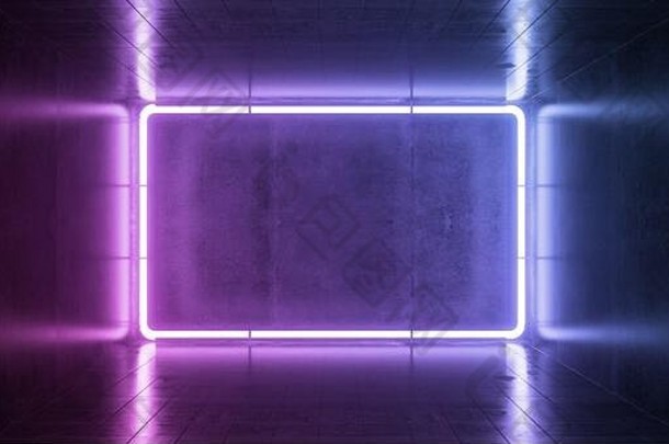 霓虹灯幻影蓝色的紫色的发光的领导激光光矩形混凝土黑暗难看的东西反光房间走廊网络隧道车库空空间renderi