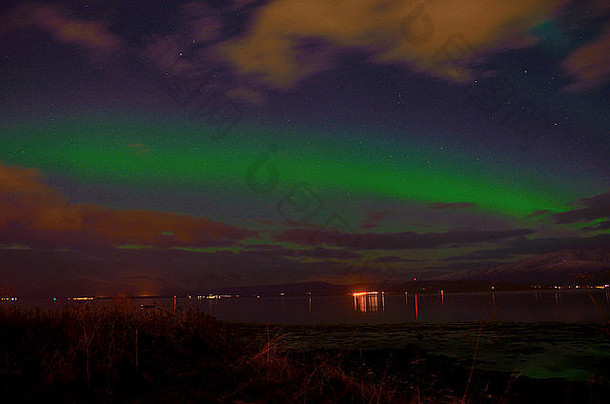 极光北欧化工色彩斑斓的秋天晚上天空峡湾