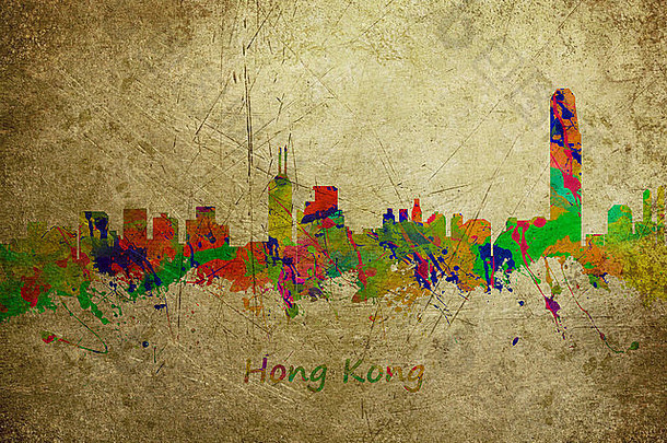 水彩艺术打印天际线在香港香港