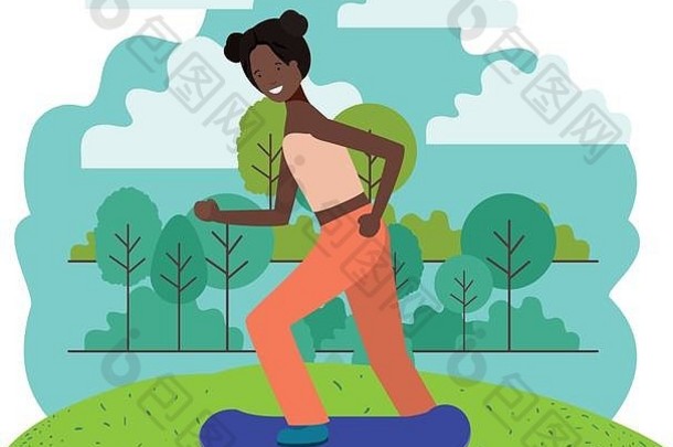 黑色的女人练习滑板公园