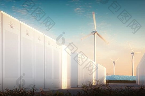 概念储蓄能源可再生来源插图现代电池系统背景太阳能风权力植物温暖的