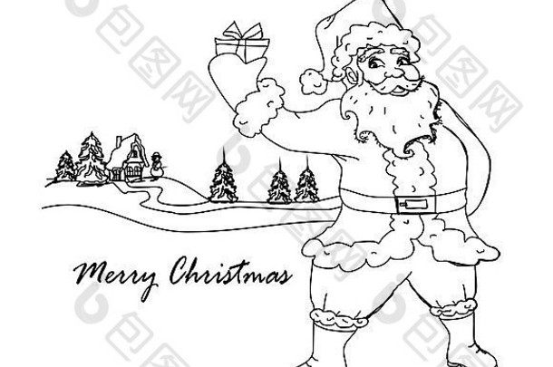快乐一年卡圣诞老人冬天景观涂鸦插图