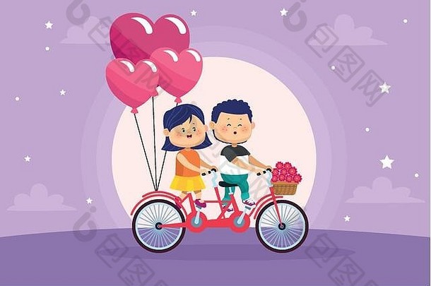 可爱的孩子们夫妇情人自行车气球氦