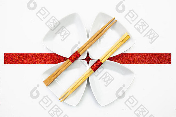 陶瓷碗竹子筷子寿司<strong>食物</strong>红色的白色装饰