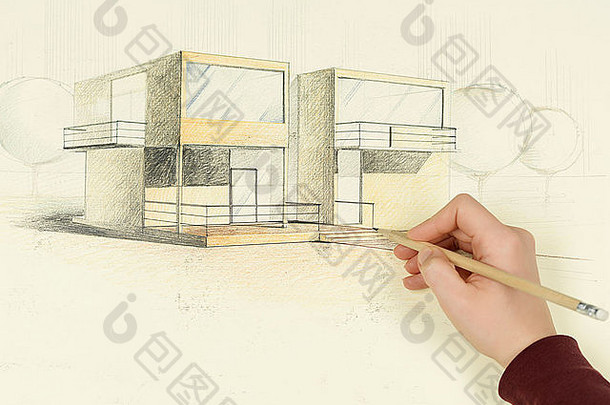 女人的手画建筑的角度来看现代房子