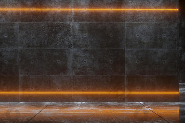 未来主义的科幻混凝土refelctive房间霓虹灯点燃灯空空间呈现插图