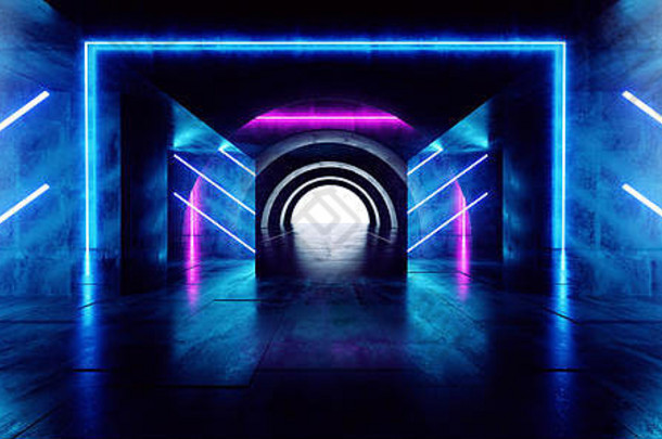 未来主义的椭圆形圆霓虹灯发光的紫色的蓝色的矩形形状的激光梁灯混凝土难看的东西地板上反光隧道走廊黑暗入口