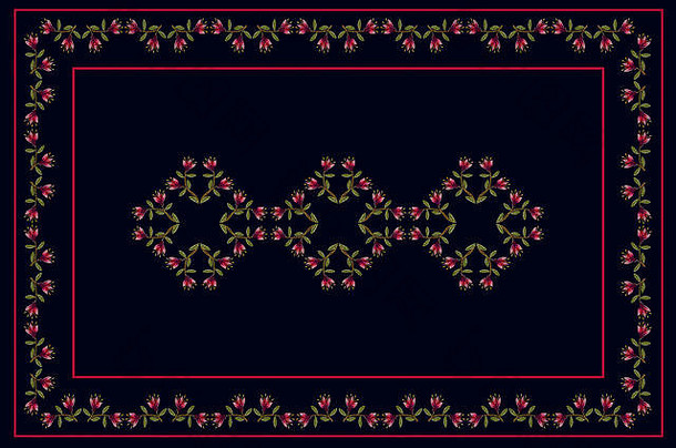 黑色的桌布小幅红色的条<strong>纹绣</strong>花花环石榴花绿色叶子模式中间