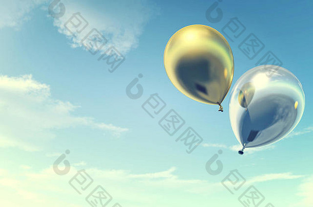 色彩斑斓的金银气球浮动夏天假期古董颜色过滤器概念夏天假期快乐的