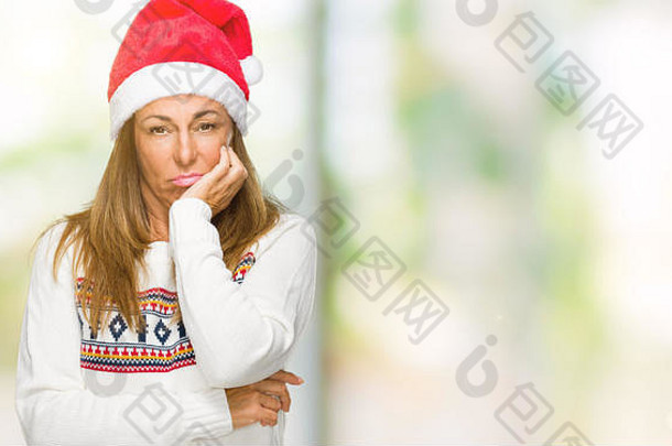 中间年龄成人女人穿冬天毛衣chrismat他孤立的背景思考累了无聊抑郁症问题