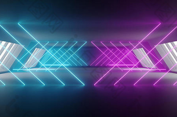 现代未来主义的sci外星人船反光黑暗空长走廊隧道大白色窗户紫色的蓝色的三角形形状的霓虹灯发光的林