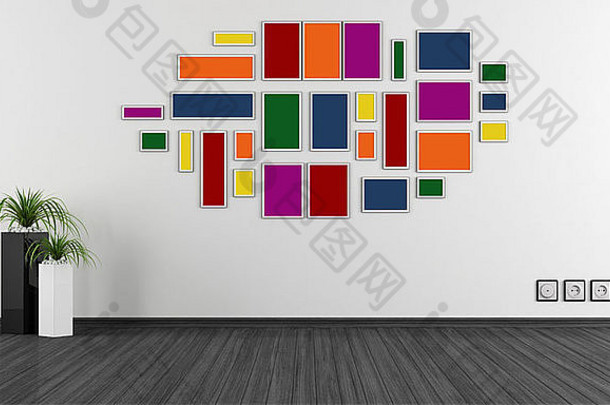 空极简主义房间色彩斑斓的框架墙呈现
