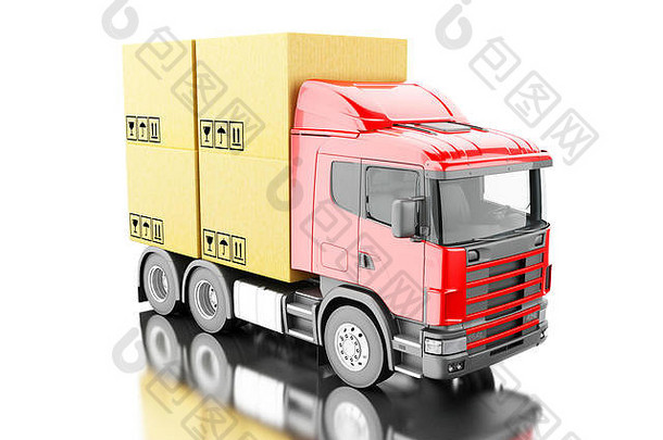 插图卡车携带纸板箱盒子交付概念孤立的白色<strong>背景</strong>