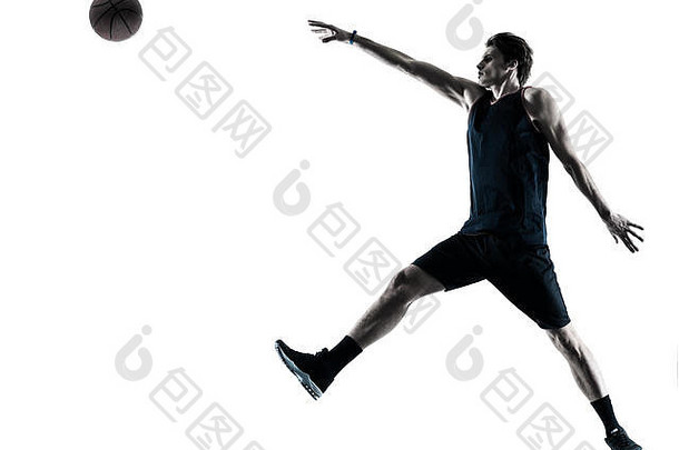 高加索人篮球球员男人。孤立的轮廓影子白色背景