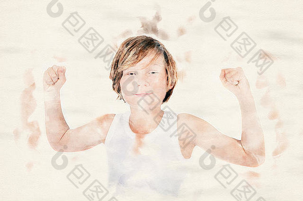 年轻的男孩白色T恤弯曲肌肉水彩画