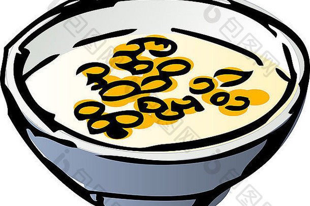 早餐麦片牛奶碗等角插图线条图草图手画