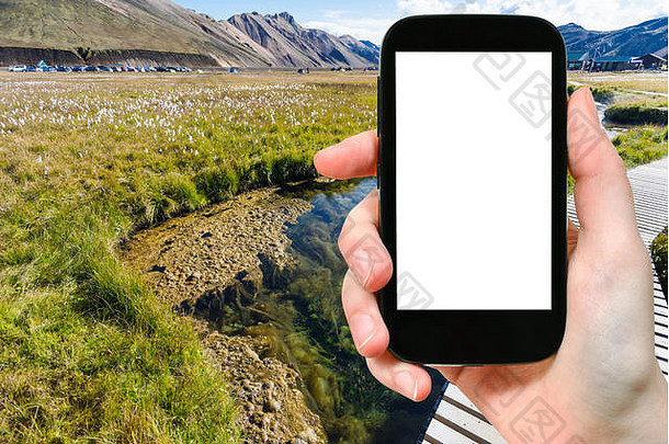 旅行概念旅游照片兰德曼纳劳卡区域fjallabak自然储备高地地区冰岛秋天智能手机减少