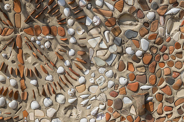 概念古老的文化关闭照片破碎的彩色的石头海贝马赛克背景模式贝壳混凝土构建