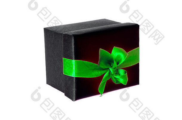 黑色的礼物盒子绿色缎丝带弓
