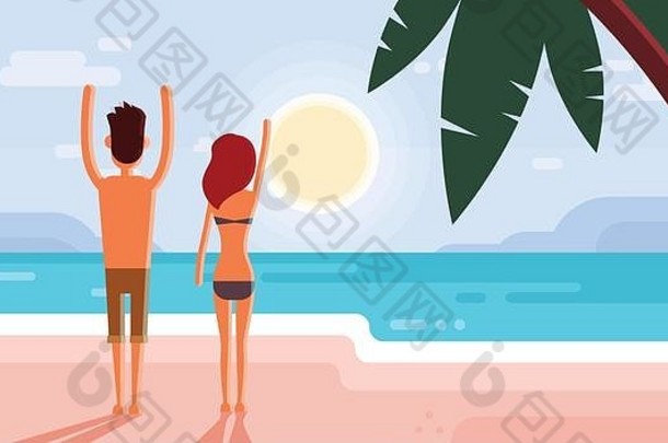 夫妇夏天假期假期热带海洋岛日落棕榈树