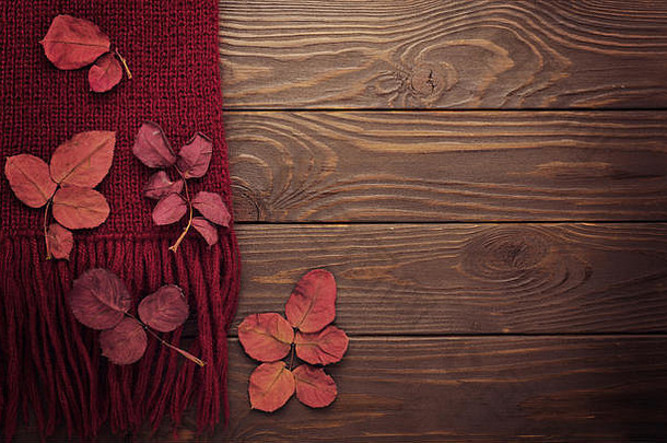 针织围巾勃艮第颜色秋天叶子黑暗木背景前视图平躺